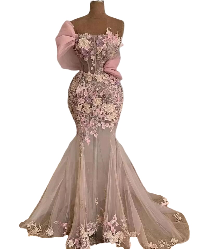Pale Pink Prom Dresses Mermaid 3D Floral Applique Tulle One Shoulder Strap Sexy Illusion Beaded Crystals Evening Gowns