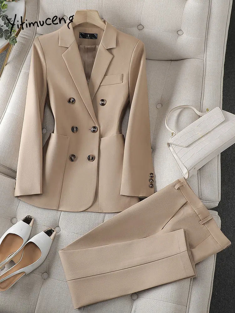 Womens Two Piece Pants Yitimuceng White Suits for Women Fashion Office Ladies Long Sleeve Double Breasted Tops Chic Slim High Waisted Sets 231110