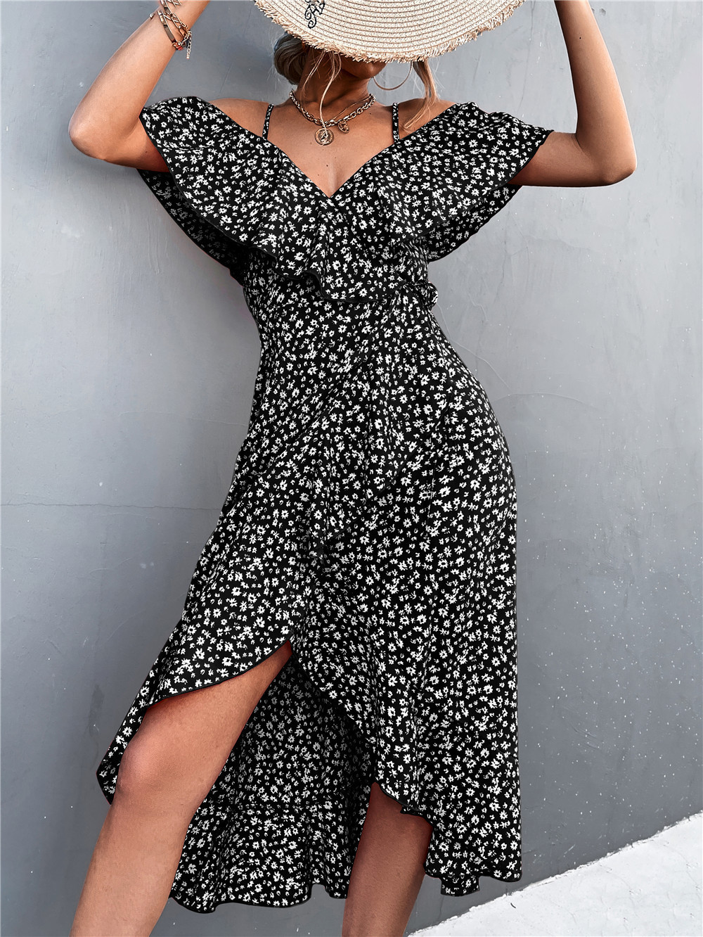 Two Piece Dress Summer Models Ladies Sexy Oneshoulder Floral Elegant Suspender High Wasit Irregular Long es For Women 230412