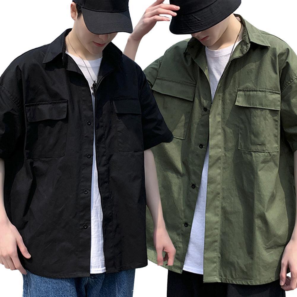 Men's Casual Shirts Short sleeved half sleeved tool shirt pocket street men's plain casual shirt top 230412