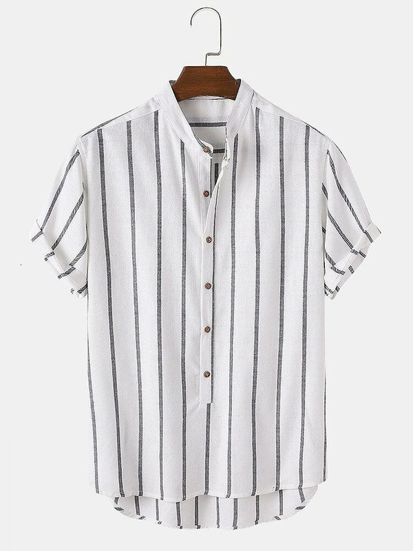 Men's Casual Shirts Men's Summer Men's Shirts Simple Fashion Stripes Men's Standing Collar Youth Short Sleeve Shirt Lace 230412