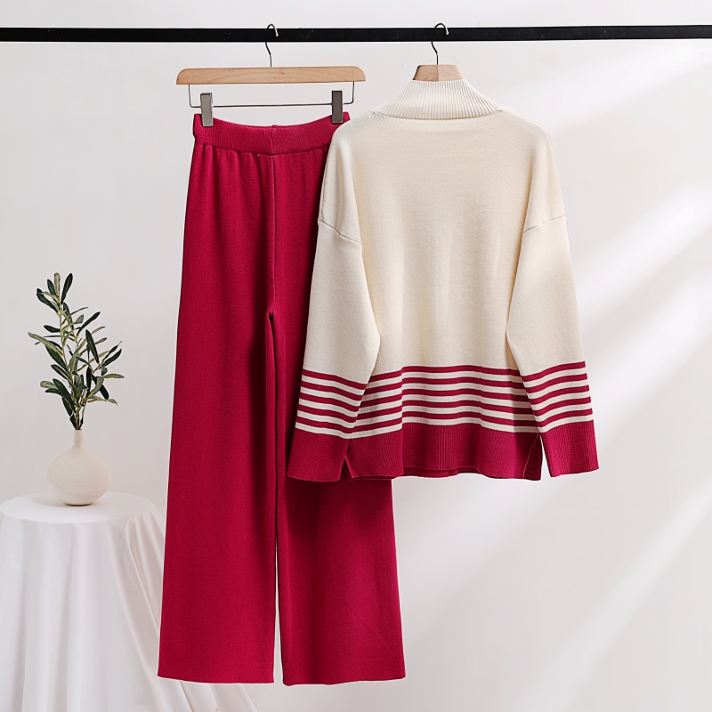 Women's Two Piece Pants New Autumn Winter Knitted Wide Leg Sweater Pants Set Casual Stand Collar Contrast Color Striped Thick Loose Two Piece Set