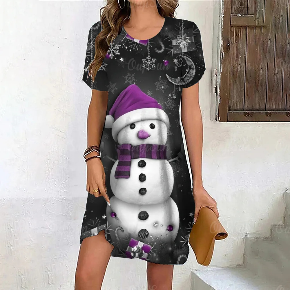 Basic Casual Dresses Snowmen Print Dress Women Cute Christmas Snowflake Evening Dress Winter Short Sleeve Mini Dresses Fashion Casual Party Clothes 23