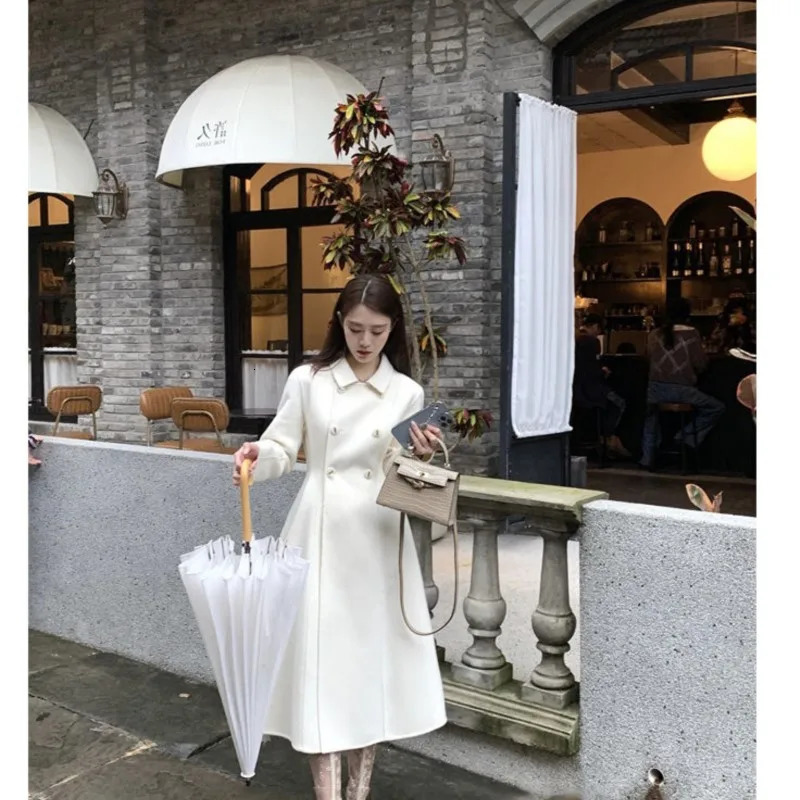 Women's Wool Blends Winter Women Elegant White Slim Woolen Coats Female Double Breasted A-line Korean Thick Warm Long Coats Office Lady Coats 231