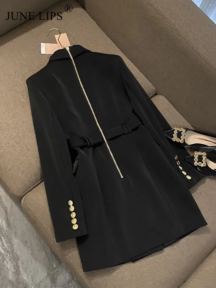 Basic Casual Dresses JUNE LIPS Spring High Quality Women Red Blazer Dress with Belt Double Breasted Buttons Chic For Party dress wholesale 231110