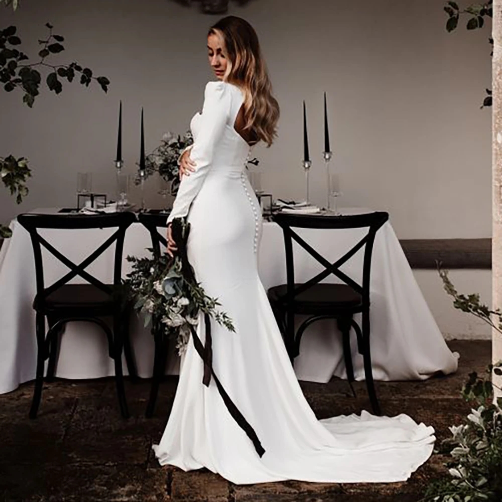 Long Sleeves Hourglass crepe Minimalist a-line Wedding Dresses Drop Ship Square Neck Hollow Out Back Buttons Fitted Bridal Gowns