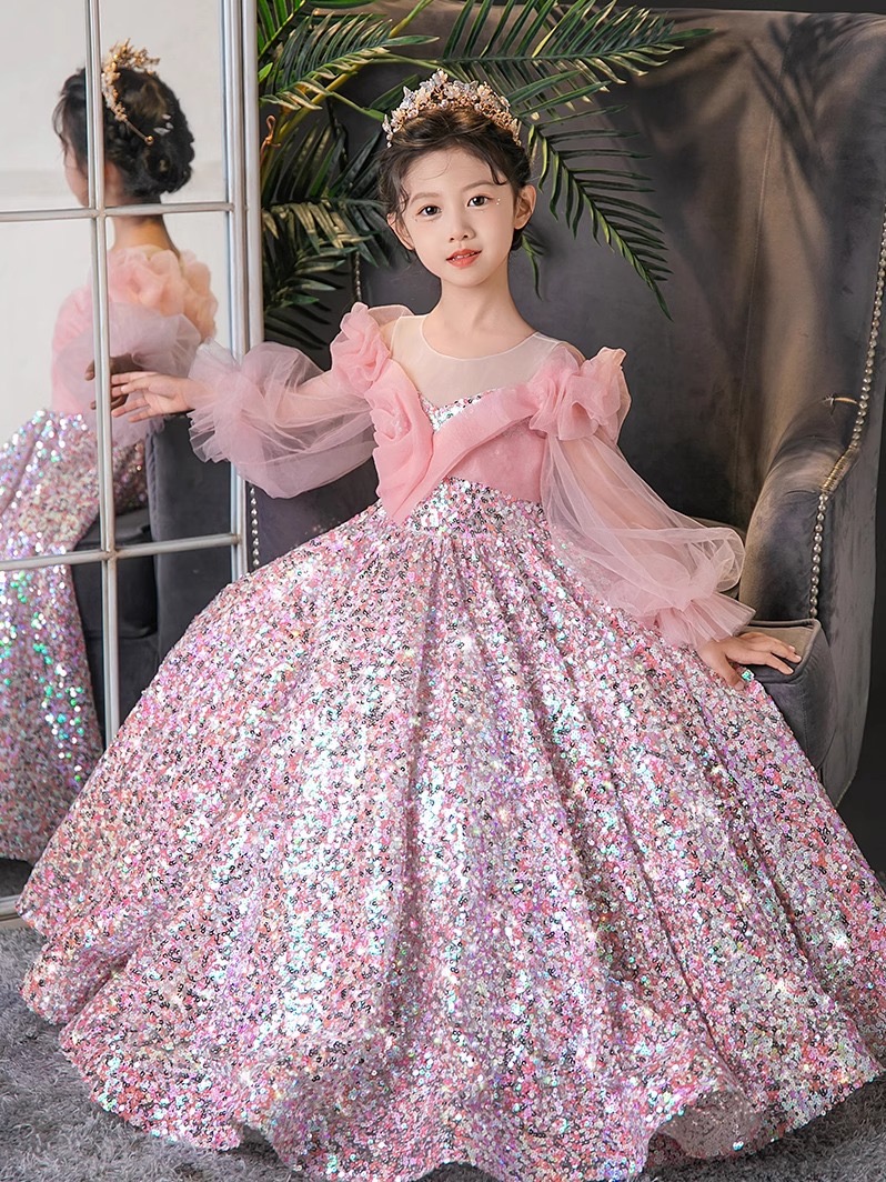 Pink Vintage Flower Girls Dresses Baby Infant Toddler Baptism Clothes Sequined Ball Party Dress Princess Puff Sleeve Shiny Bling Birthday Gowns 403