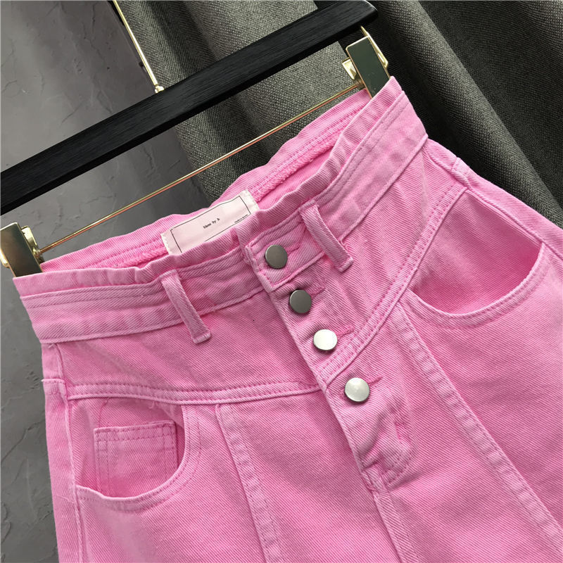 Women's Shorts Summer Women's Pink denim Shorts Fashion Women's Button High Waist Full Match A-line Shorts Casual Pocket Bottom 230412