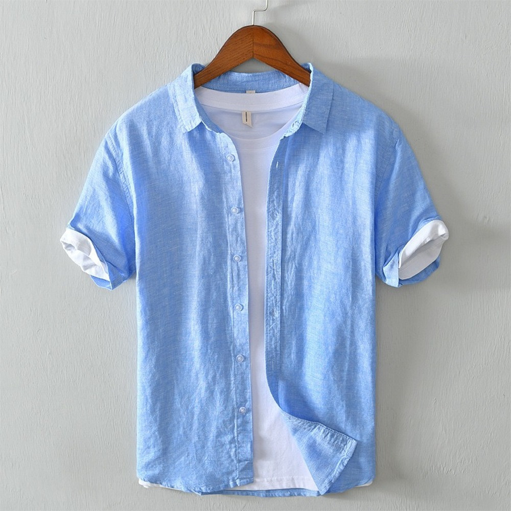 Men's Casual Shirts Summer T-shirt Men's casual shirt Short sleeved Men's linen shirt Street clothing Solid color breathable top Lightw