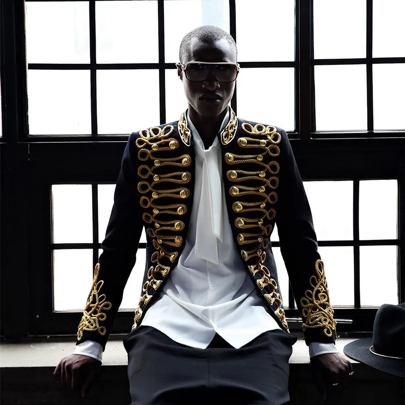 Men's Suits Blazers Men Stylish Blazer Black Gold Embroidery Jacket Coat Nightclub Male Singer Host Costume European Style C Studio Stage Wears 2