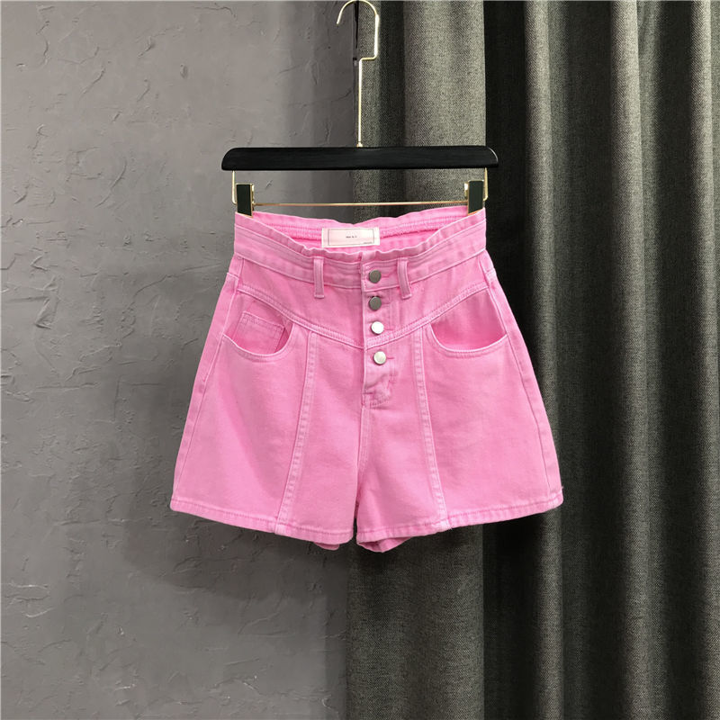 Women's Shorts Summer Women's Pink denim Shorts Fashion Women's Button High Waist Full Match A-line Shorts Casual Pocket Bottom 230412