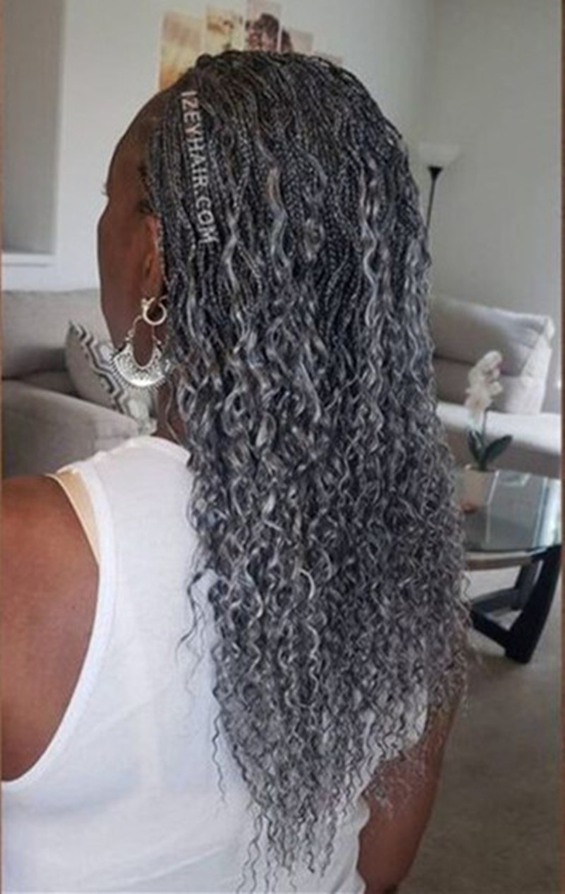 Salt and pepper gray lock braids ponytail silver grey coily curly brazilian hair drawstring ponytail clip in salt& pepper braids crinkle curls free sh
