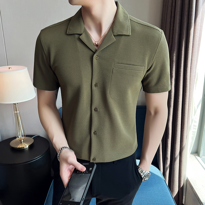 Men's Casual Shirts Summer British Style Men's Casual Short Sleeve/Men's Slim Fit V-Neck Lce Silk Casual Shirt Top Plus Size S-3XL 2304
