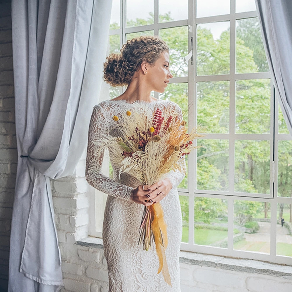 Backless Mermaid Wedding Dresses with Long Sleeve 2023 Romantic Lace Boat neck Outdoor Country Bohemain Bridal Gowns