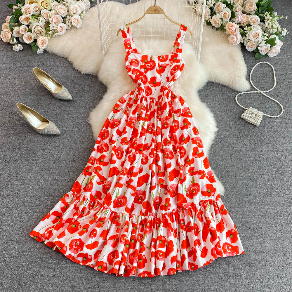 Korean version slim fitting fashionable floral drawstring dress runway style with a white color and a floral print dress