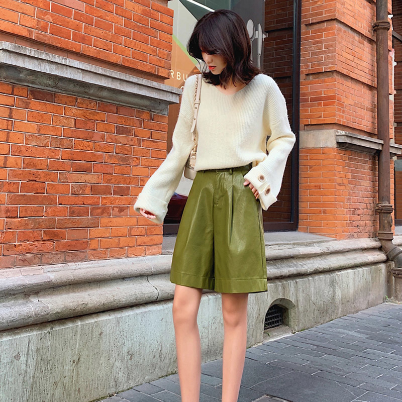 Women's Shorts PU Leather Casual High Street Bicycle Shorts Solid High Waist Shorts Women's Pocket Zipper Loose Women's Shorts 10997 23