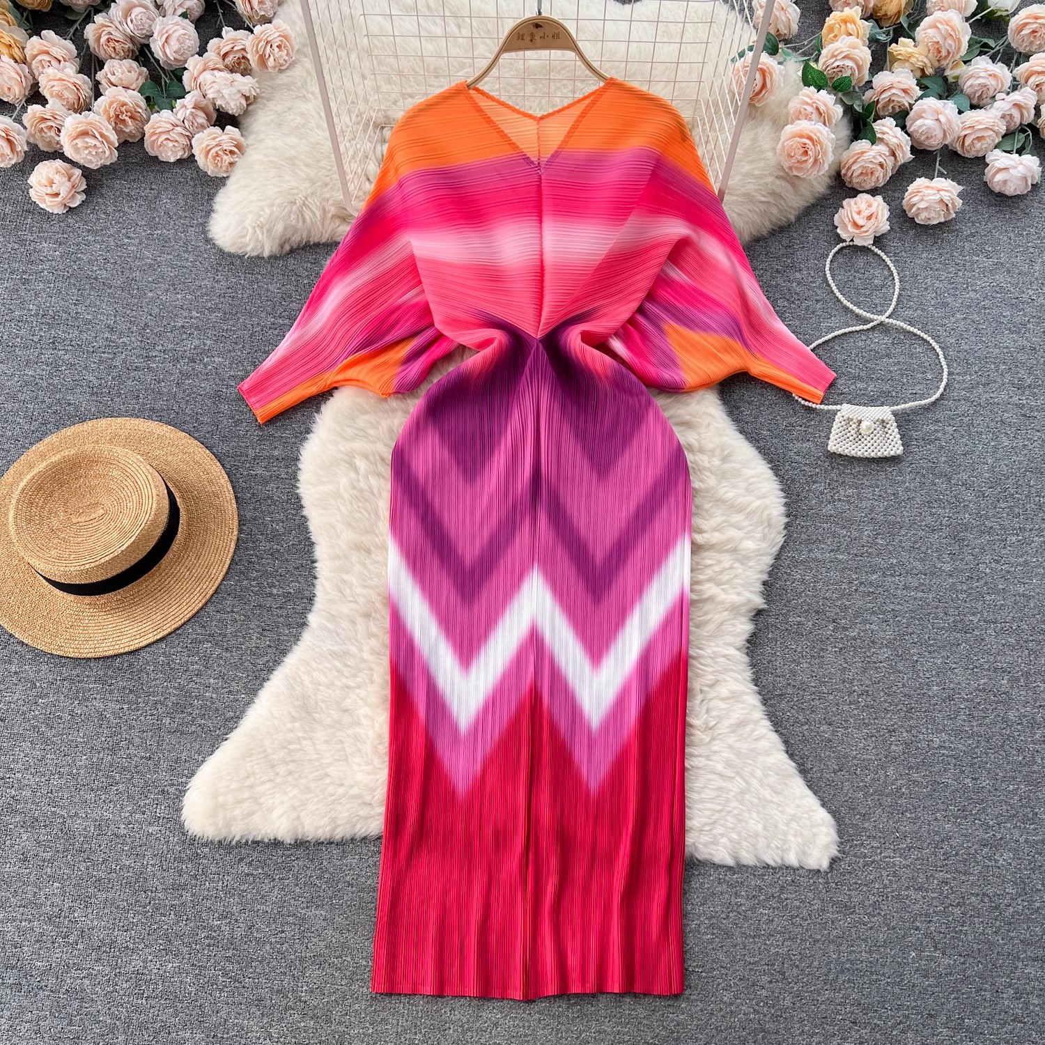 Women Casual Dresses Elegant New Autumn Miyake Pleated Long Dress Runway Women V Neck Batwing Sleeve Red Flower Printed Stretch Bodycon Slim Clothes 2