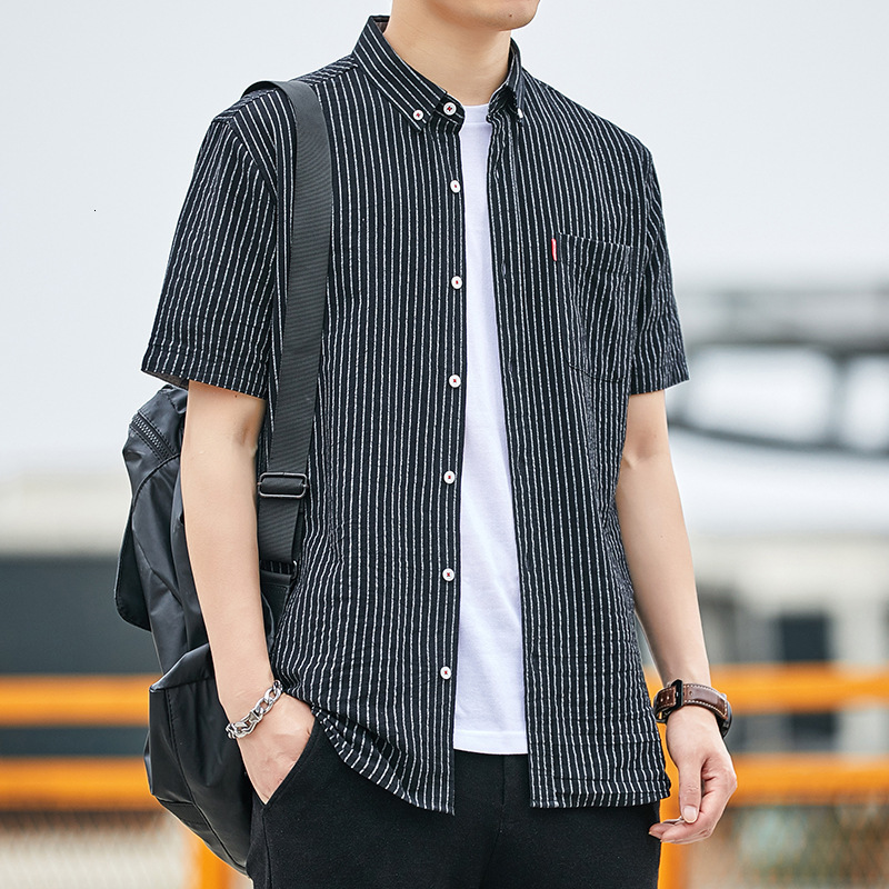 Men's Casual Shirts Arrival Striped Shirt Half Sleeve Men's Slim Fit Casual Short Sleeve Men's Single Pocket Men's Shirt Chemise M
