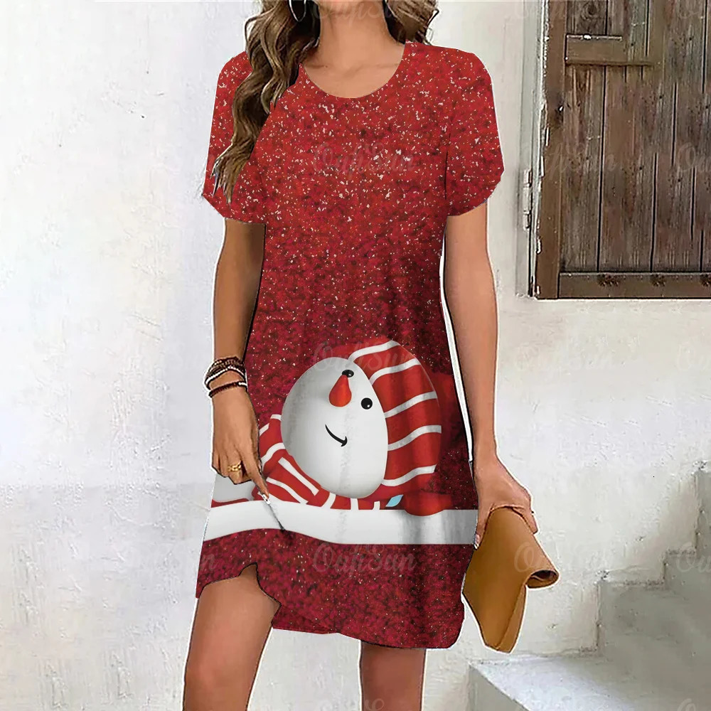 Basic Casual Dresses Snowmen Print Dress Women Cute Christmas Snowflake Evening Dress Winter Short Sleeve Mini Dresses Fashion Casual Party Clothes 23