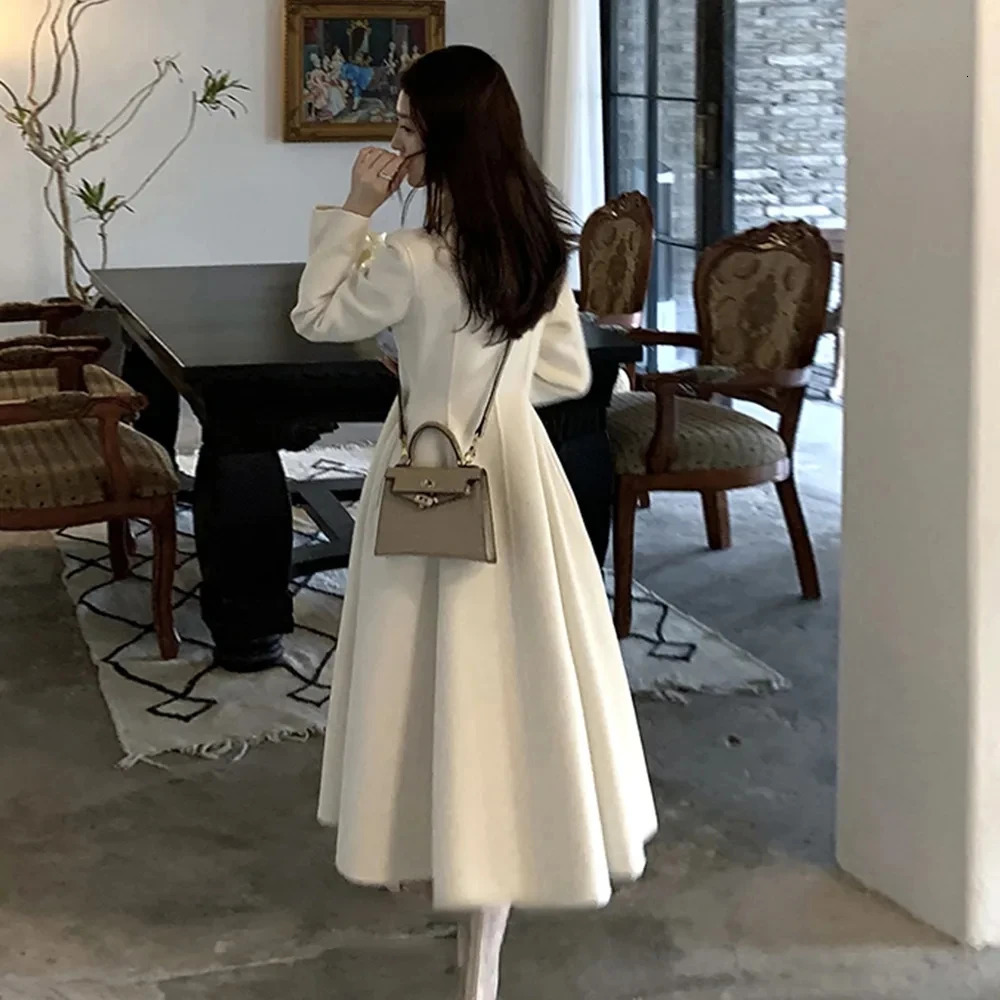 Women's Wool Blends Winter Women Elegant White Slim Woolen Coats Female Double Breasted A-line Korean Thick Warm Long Coats Office Lady Coats 231