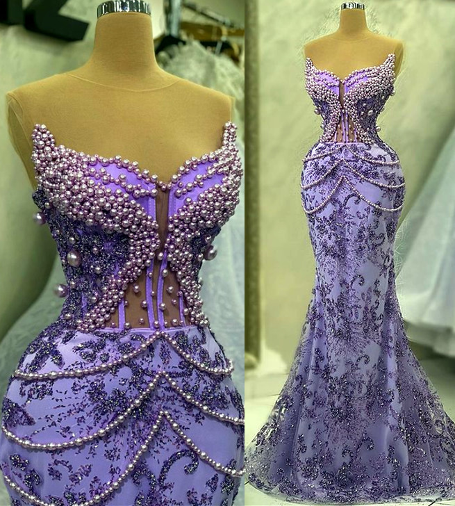 2023 Aso Ebi Lavender Mermaid Prom Dress Pearls Sequined Lace Evening Formal Party Second Reception Birthday Engagement Gowns Dresses Robe De Soiree Z
