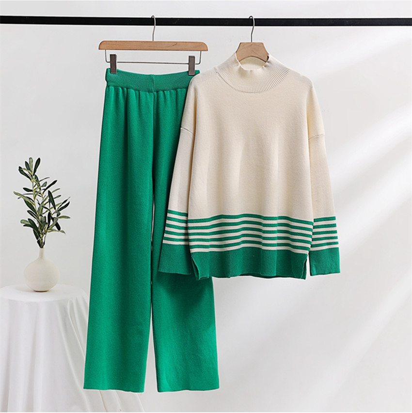 Women's Two Piece Pants New Autumn Winter Knitted Wide Leg Sweater Pants Set Casual Stand Collar Contrast Color Striped Thick Loose Two Piece Set