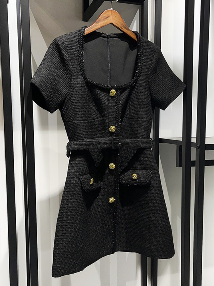 Casual Dresses Early Spring Women Wool Blend Dress Black Square Collar Temperament Short Sleeve Single Breasted Female Mini Robe with Sashes 230412
