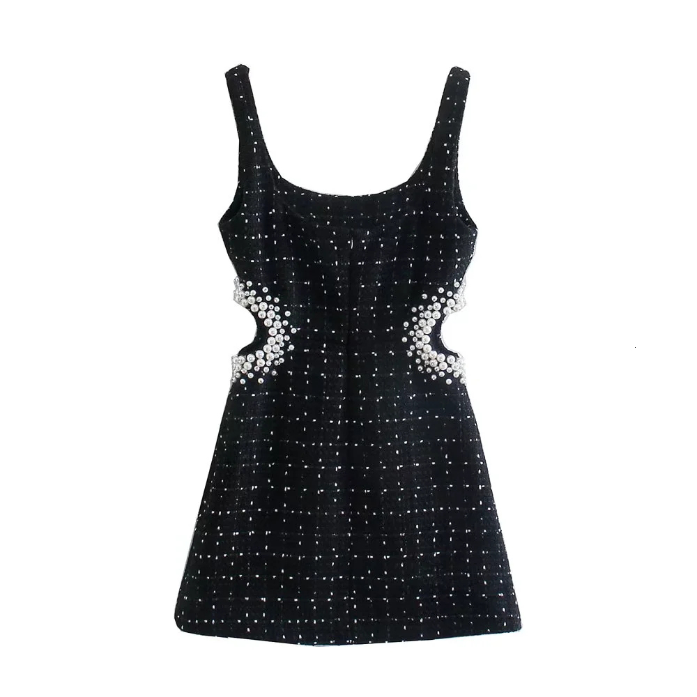 Two Piece Dress XEASY Women Vintage Tweed Black Plaid Hollow Out Female Casual Pearl Decoration Slim Square Collar Mini es 230412