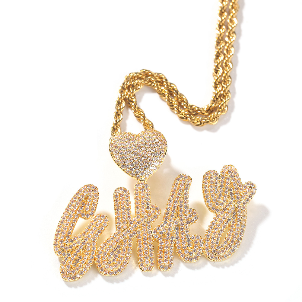New Heart Cursive Initial Letter Custom Name Pendant Necklace ins Personalized Iced Out Cubic Zirconia CZ 18K Real Gold Hip Hop DIY Anniversary Jewelr