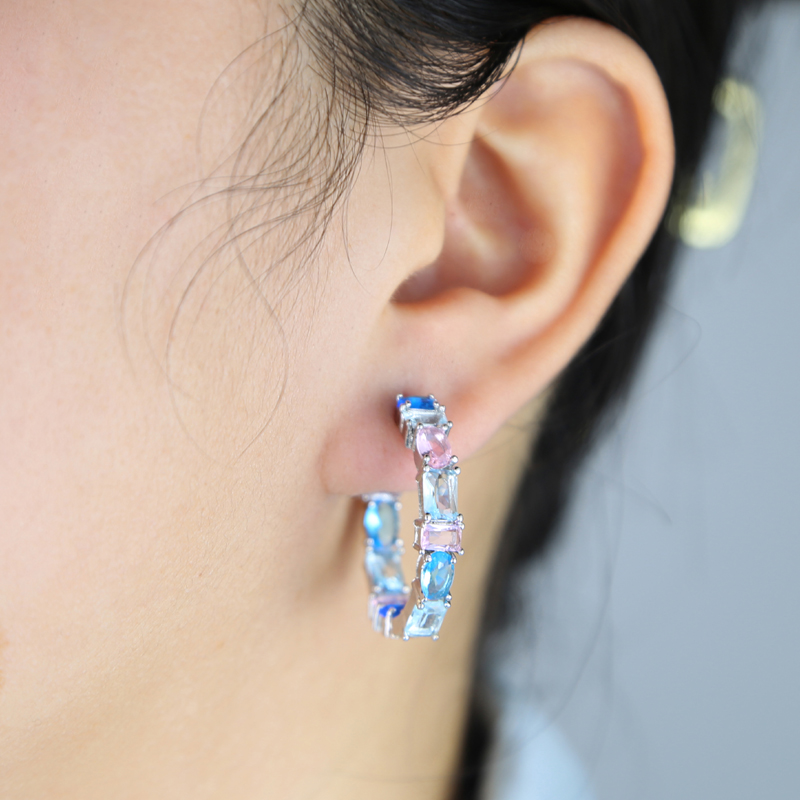 Geometric Zircon Hoop Earrings: Pink & Light Blue Iced Out CZ