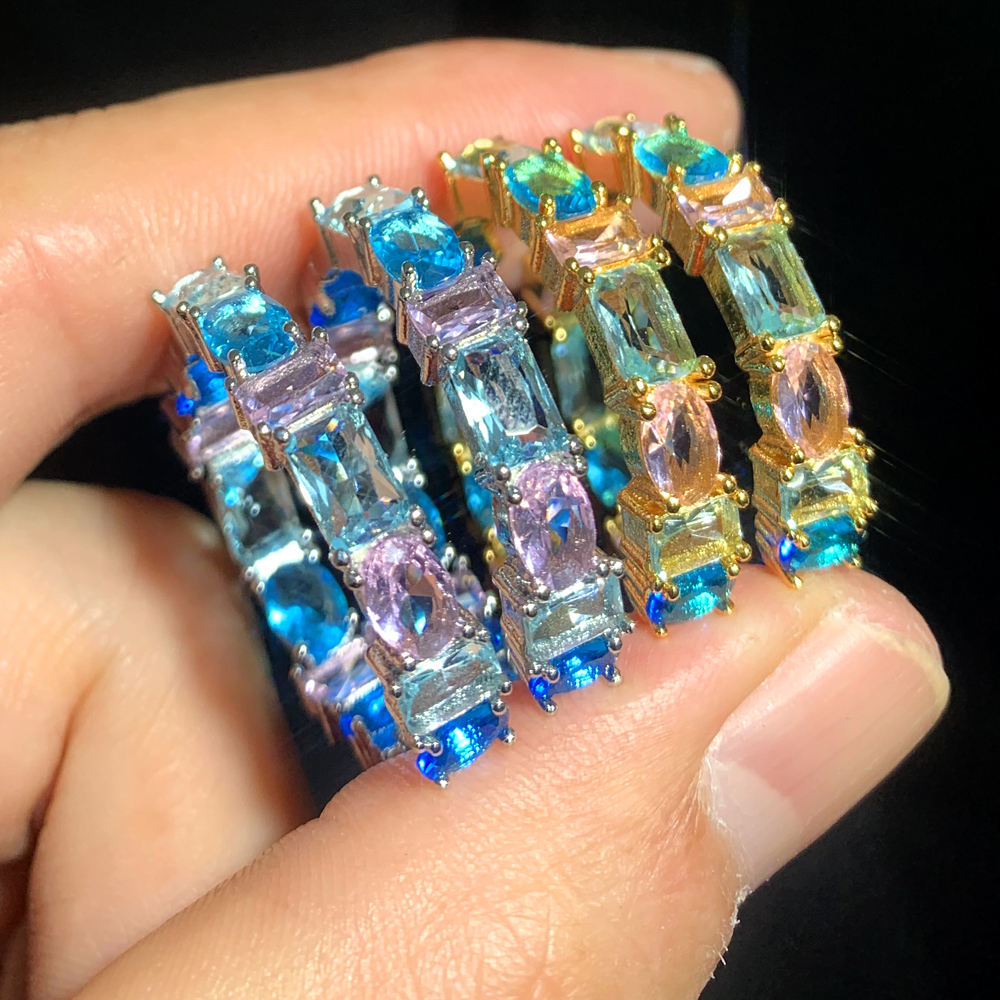 Geometric Zircon Hoop Earrings: Pink & Light Blue Iced Out CZ