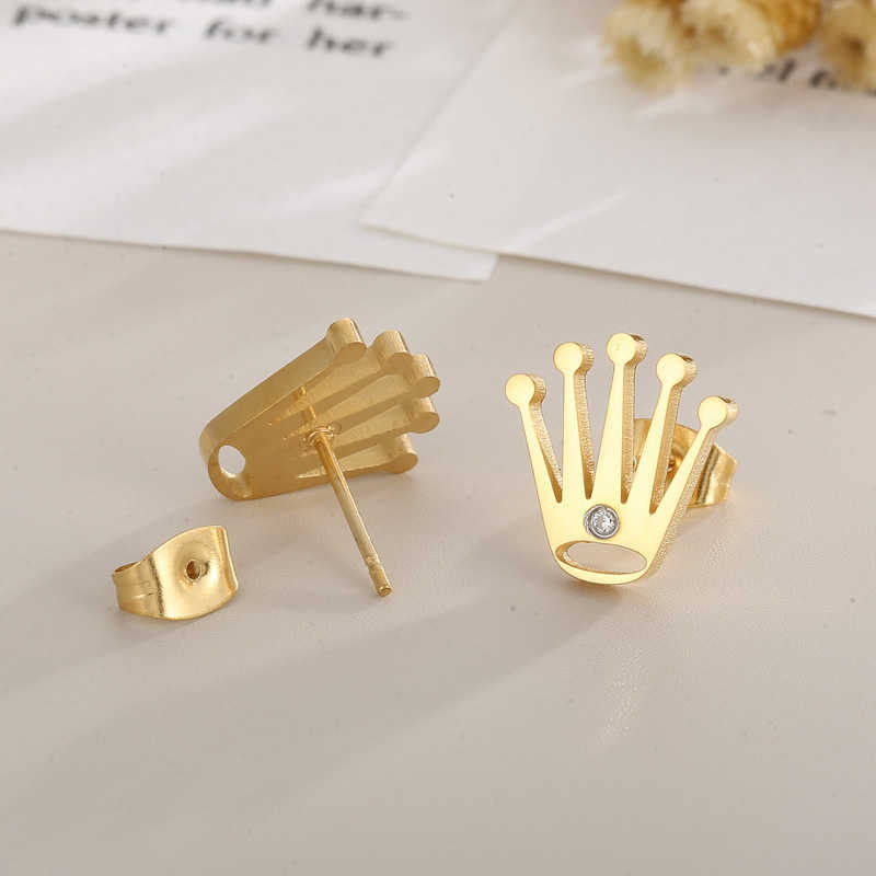 Stud New Gold Color Crown Stud Earrings for Women Stainless Steel Rhinestone Push-Back Earring Fashion Women Wedding Ear Jewelry P230411