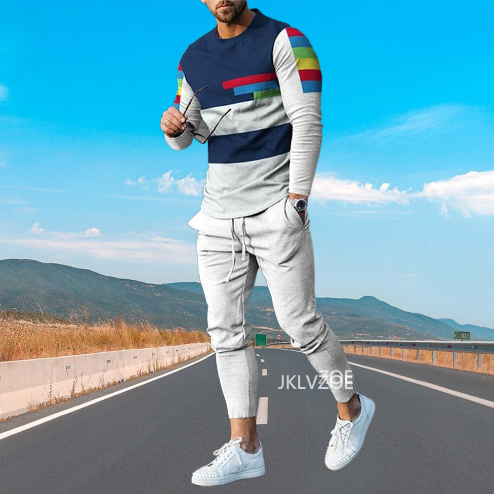 Men's Tracksuits Autumn Men Clothing Fashion Long Sleeved T ShirtTrousers Casual Tracksuit 2 Piece Suit 3D Printed Stripe Male Streetwear 230412