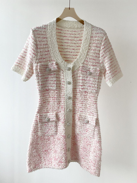 Casual Dresses Women U Neck Knitted Mini Dress Short-Sleeved Ladies White Pink Color Mixed Single-Breasted Short Robes With Pockets 230413