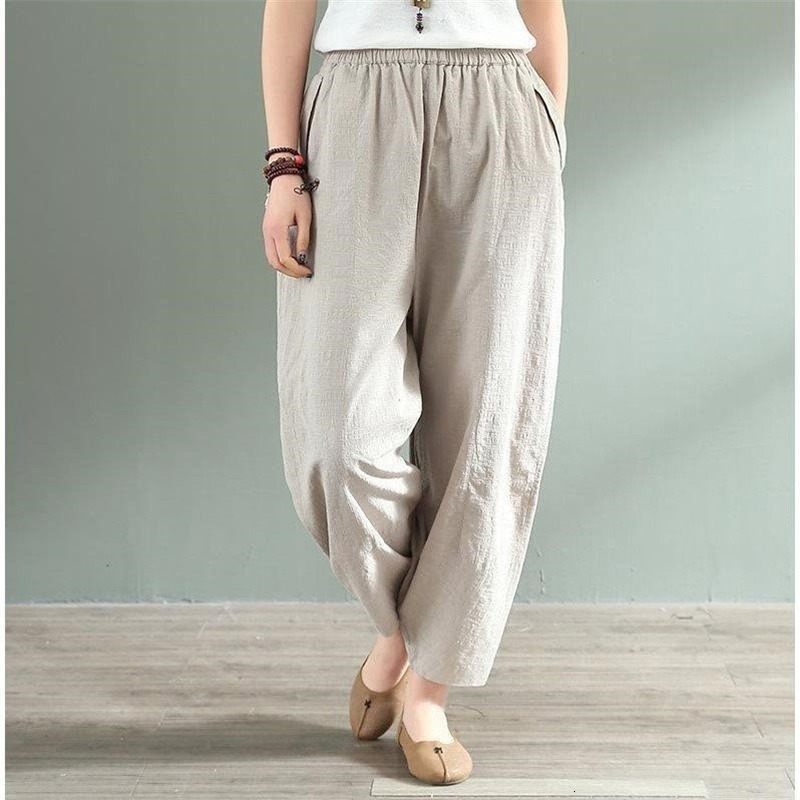 Women's Pants Capris Women's Wide Trousers Vintage Elastic Waist Pocket Cotton Linen Harem Pants Capris Summer Loose Soild Linens Pants for 