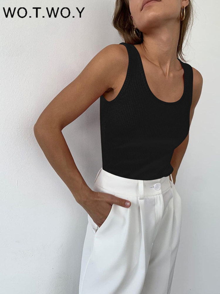 Camisoles Tanks WOTWOY Summer Stretched Knitted Tank Tops Women Sleeveless Solid Casual Tee Shirt Female O-Neck Black White Cropped Tops 230413