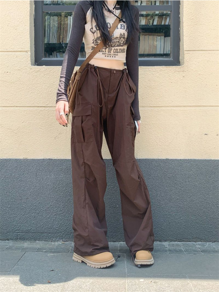 Women's Pants Capris HOUZHOU Vintage Brown Parachute Cargo Pants Korean Streetwear Y2k 90s Wide Leg Joggers Harajuku Hippie Trousers Female Techw