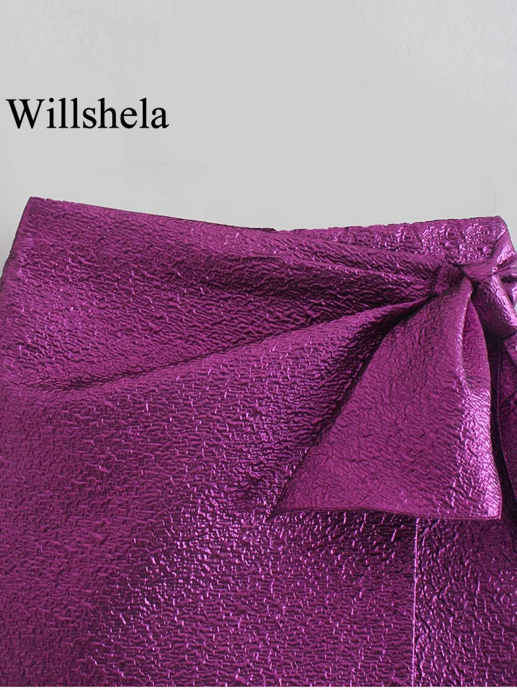 Women's Shorts Willshela Women Fashion Textured Skort with Bow Knot High-waisted Invisible Side Zipper Casual Chic Lady Woman Elegant Shorts 2304