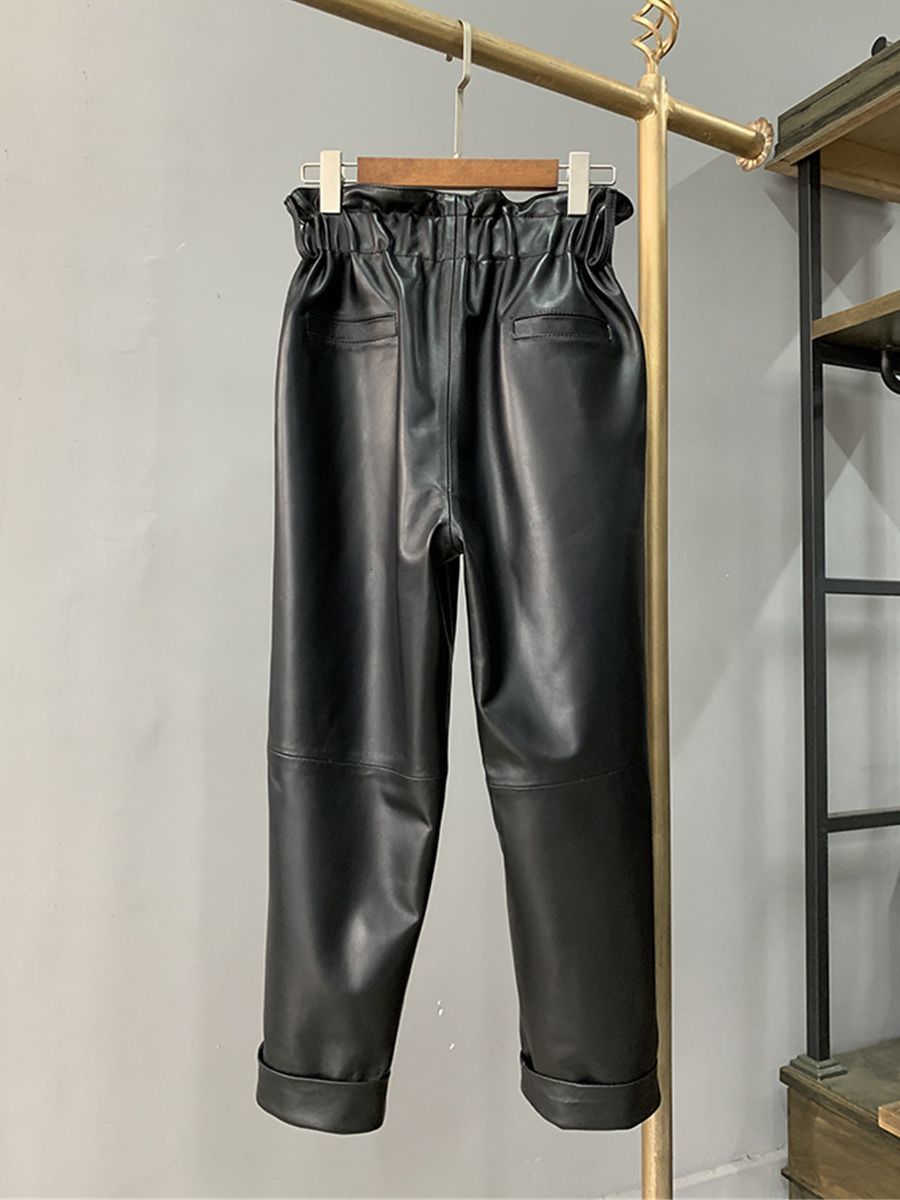 Women's Pants Capris Real leather pants high waist Chains Stitching Genuine sheep Leather pants female was thin leather pants with pockets wy892 