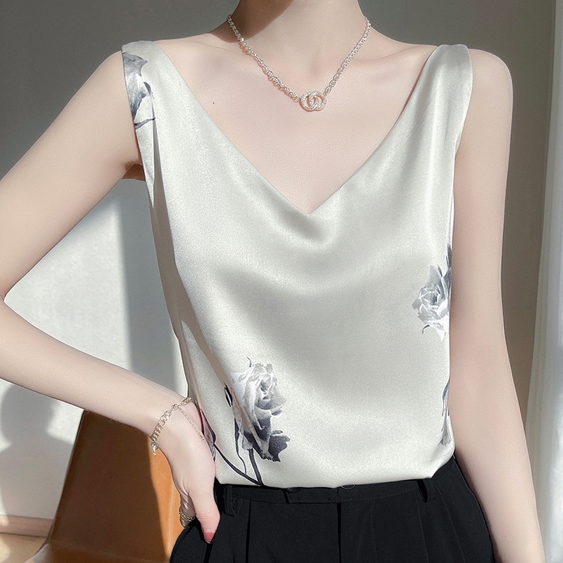Camisoles Tanks Summer V-Neck Explosions Printed Acetic Acid Camisole Women's Round Neck With Suit At The Bottom Satin Blouse 230413