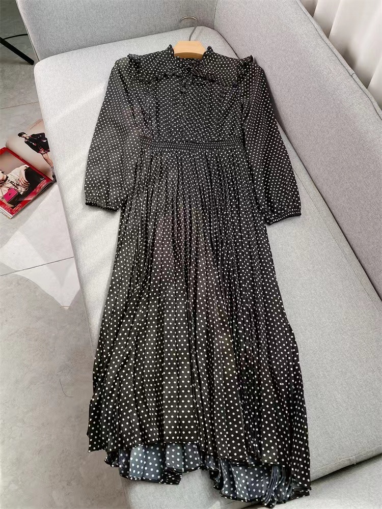 Casual Dresses Fall Winter French Fashion Dress Women Elegant Casual Party Office Dot Print Long Sleeve High Street Fungus Fold Robe230413