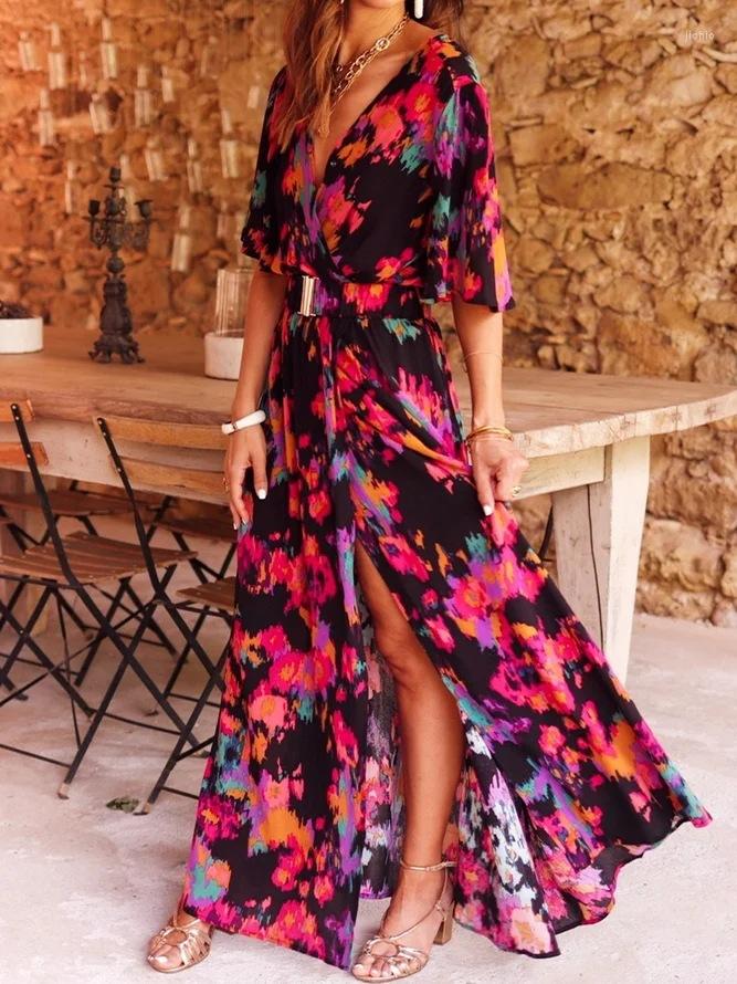 Casual Dresses Womens Dress 2024 Spring And Summer V-Neck Trendy Print Slim Waist Mid-Length Skirt Temperament See-Through