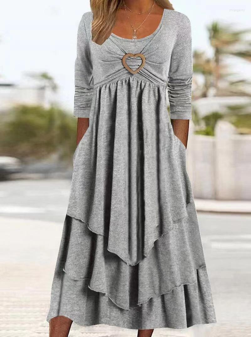 Casual Dresses Women's 2023 Spring Fashion Solid Color Round Neck Loose Long Sleeve Love Swing Pocket Design Ruffle Dress