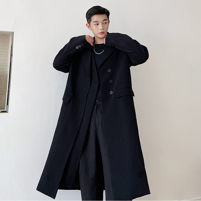 Men's Trench Coats coat Men Double Placket Long Loose Casual Coat Windbreaker Man Harajuku Streetwear Black Cardigan Jacket Overcoat 230413Z