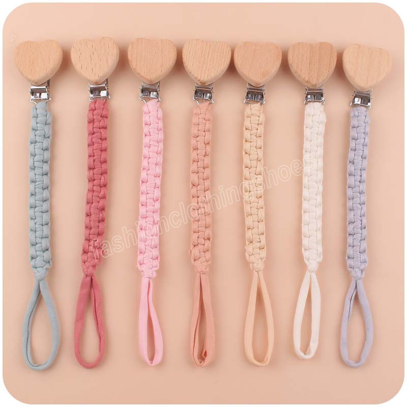 Heart Shape Beech Pacifier Clip DIY Newborn Accessories Baby Shower Gift Woven Pacifier Holder Infant Soother Dummy Clips Chain