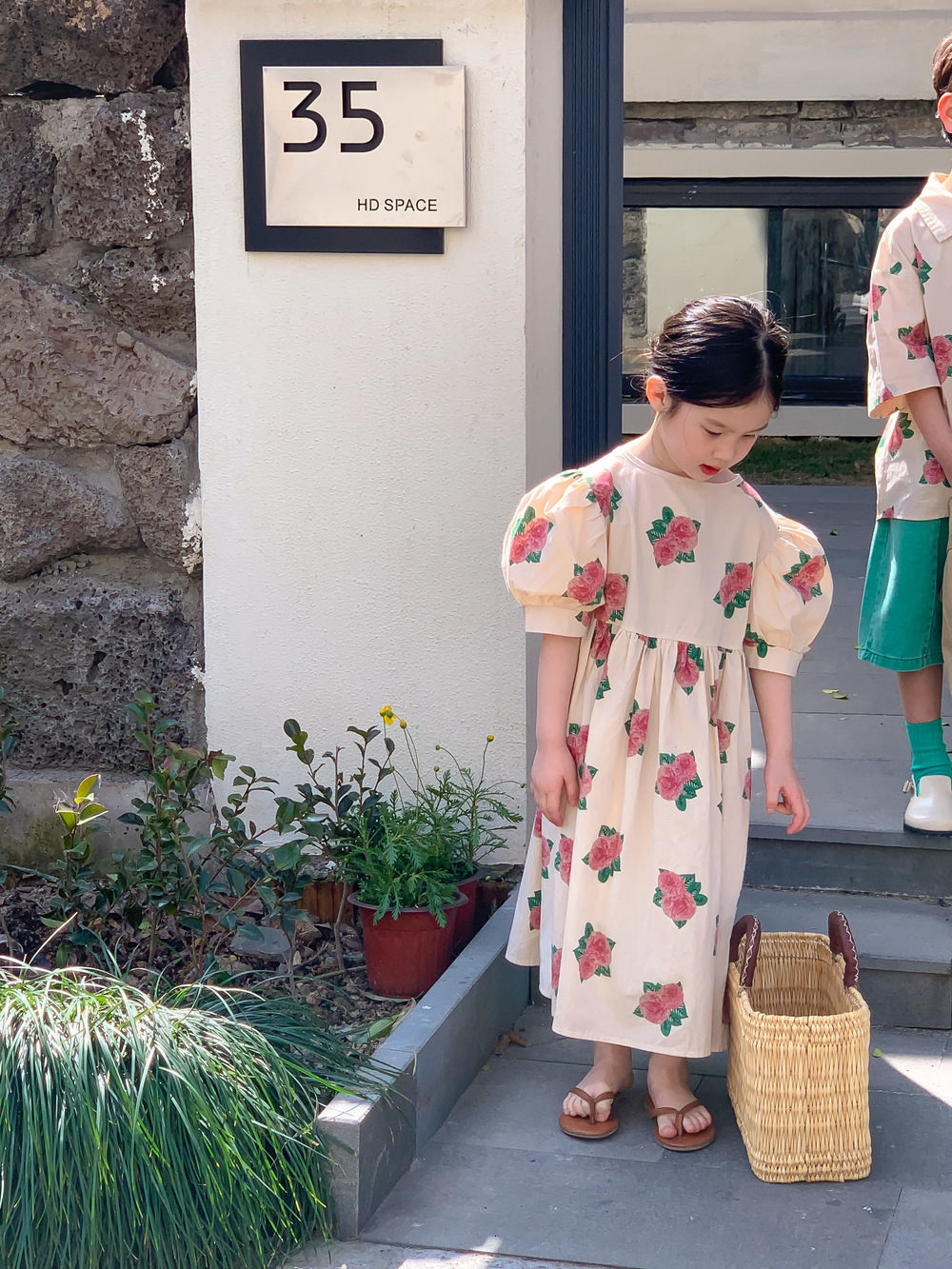 Summer Childrens Sets Peony Print Short Sleeve Shorts and Bubble Sleeve Skirt 2-piece Set S2548