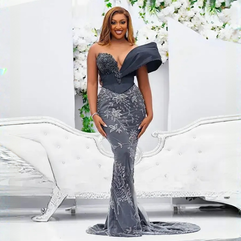 Plus Size Aso Ebi Prom Dresses One Shoulder Sheer Neck Mermaid Evening Dress African Nigeria Style for Black Women Party