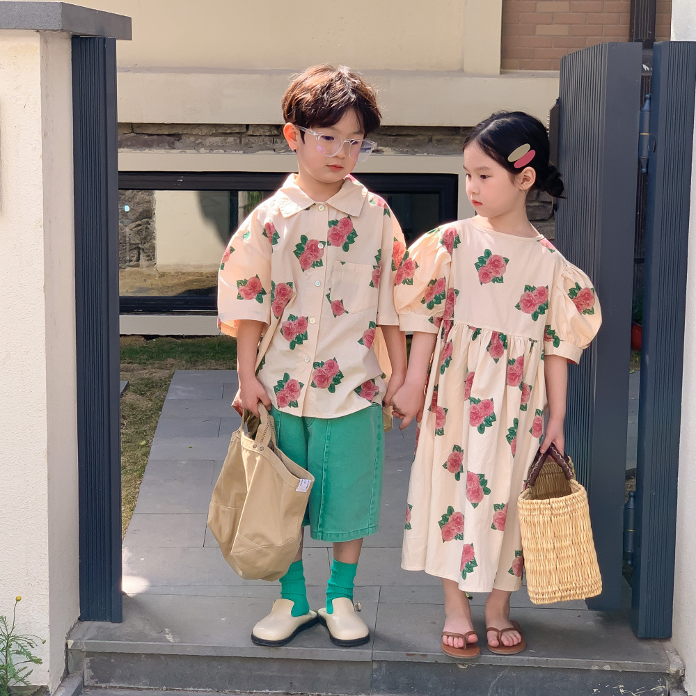 Summer Childrens Sets Peony Print Short Sleeve Shorts and Bubble Sleeve Skirt 2-piece Set S2548