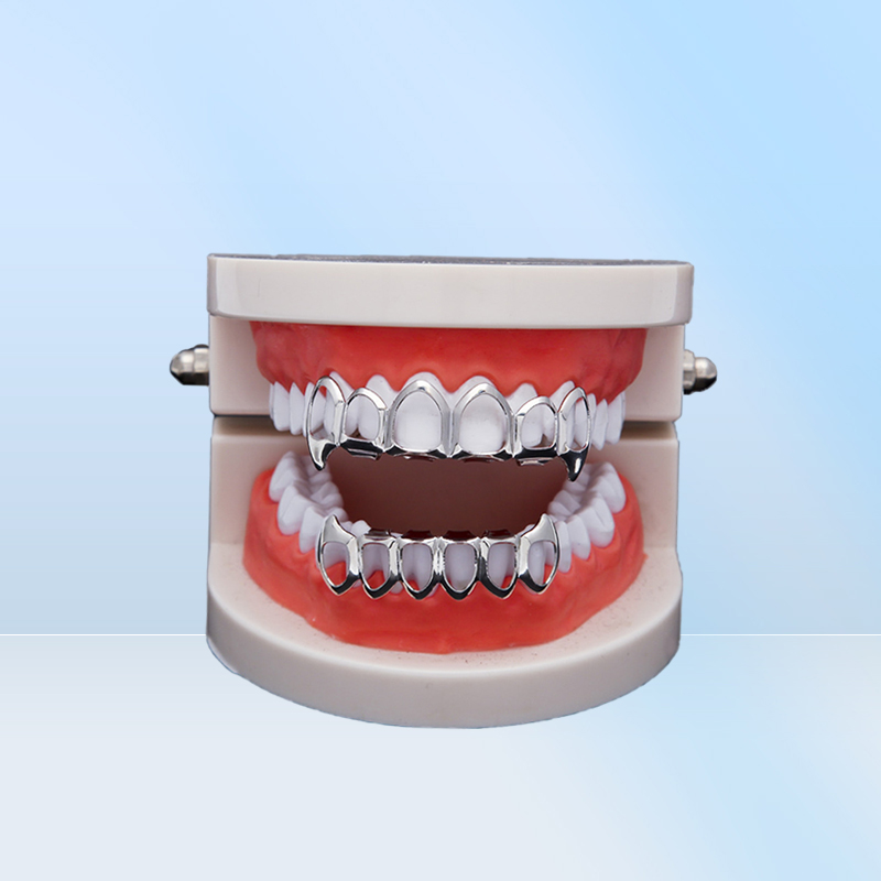 New Hip Hop Custom Fit Grill Six Hollow Open Face Gold Mouth Grillz Caps Top Bottom With Silicone Vampire teeth Set3707894