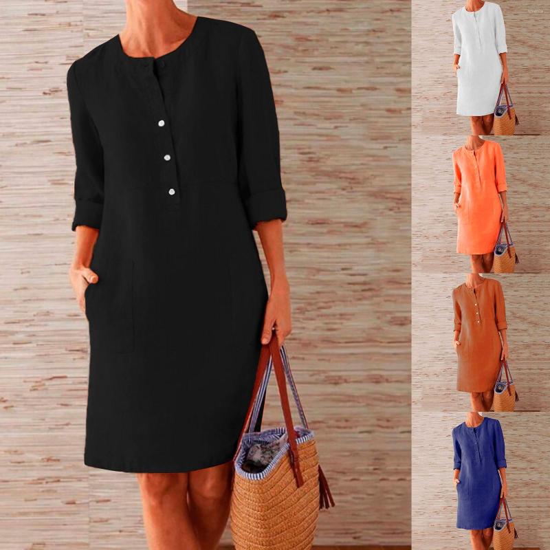 Casual Dresses Women's Round Neck Knee Length Linen Dress Boho Loose With Buttons, Blue
Casual Dresses Women's Round Neck Knee Length Linen Dress Boho Loose With Buttons, Blue